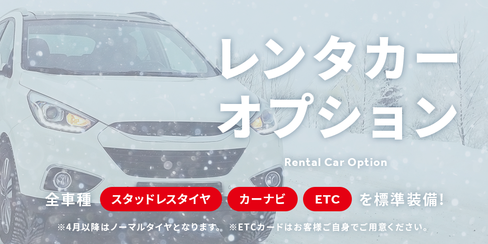 レンタカーオプション 全車種「スタッドレスタイヤ」「カーナビ」「ETC」を標準装備!