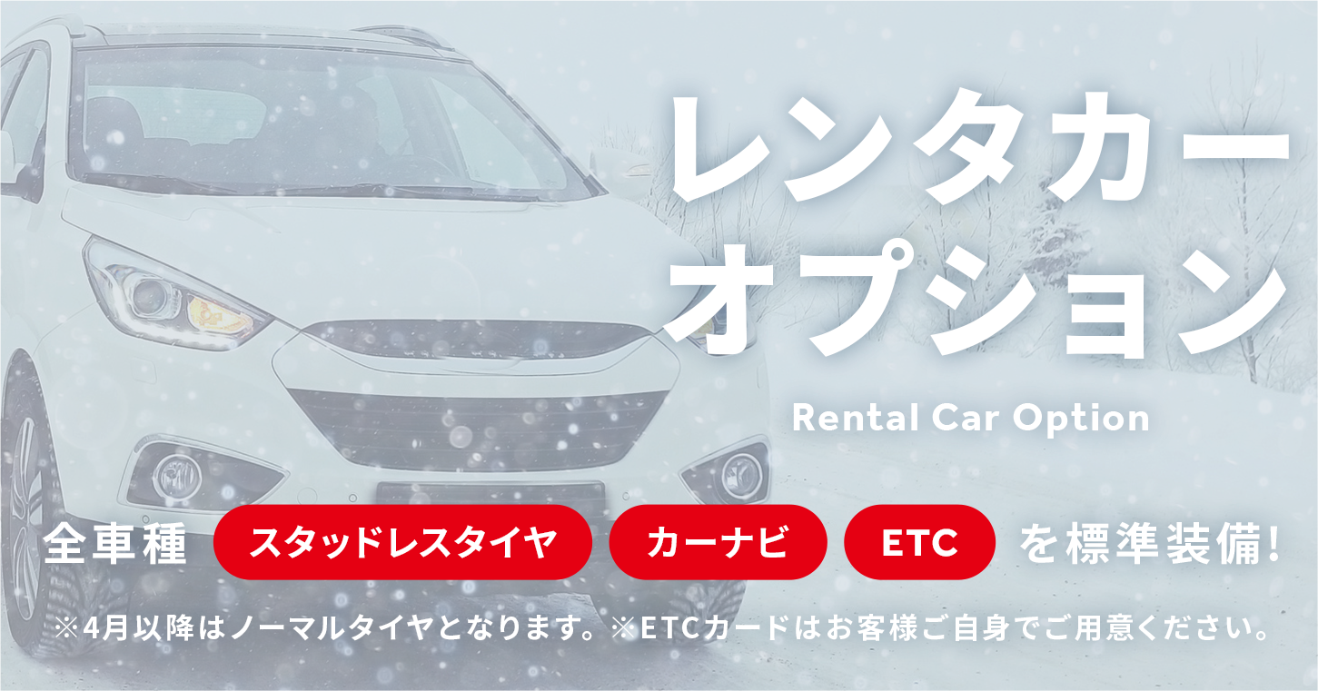 レンタカーオプション 全車種「スタッドレスタイヤ」「カーナビ」「ETC」を標準装備!